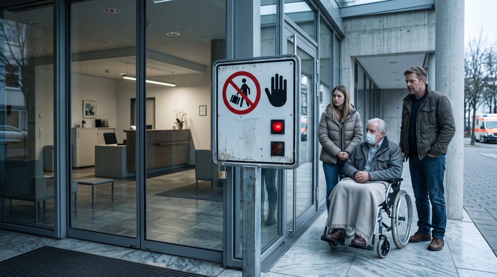Aufnahmestopp-Schild am Eingang eines Pflegeheims, Familie mit Rollstuhl wartet davor