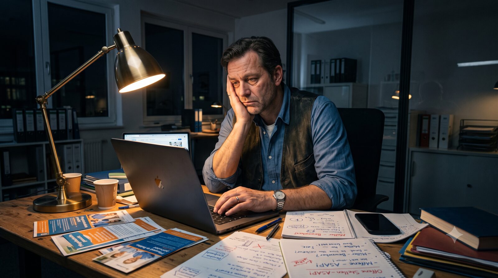 Inhaber sitzt spät abends erschöpft vor Laptop mit Stellenportalen, umgeben von Flyern